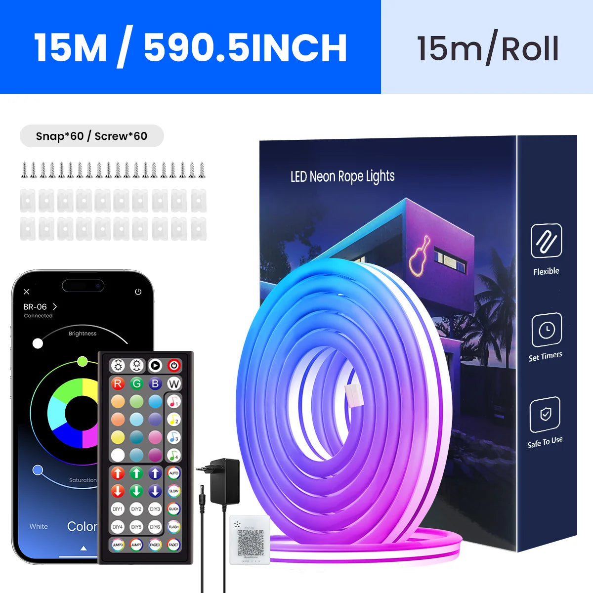 Neon Rope Lights,Flexible Led Rope Lights Control with App/Remote,Multiple Modes Rope Lights,IP65 Outdoor RGB Led Neon Lights Wa