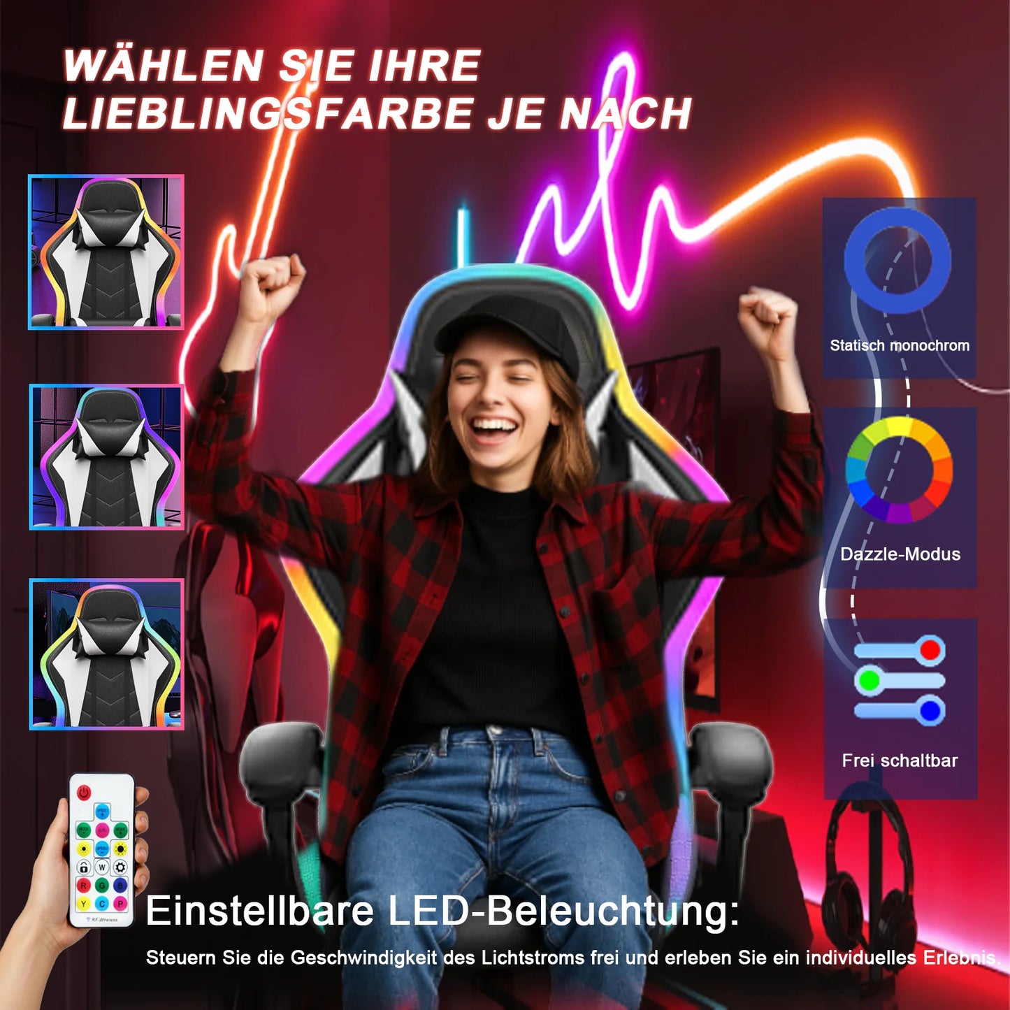 Devoko LED Gaming chair Multiple Light Effects Ergonomic with Footrest Headrest and Lordo Support Desk chair