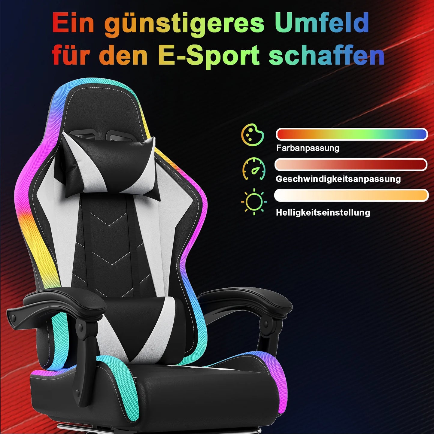 Devoko LED Gaming chair Multiple Light Effects Ergonomic with Footrest Headrest and Lordo Support Desk chair