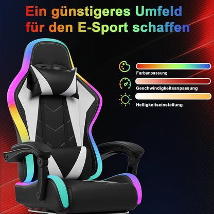 Devoko LED Gaming chair Multiple Light Effects Ergonomic with Footrest Headrest and Lordo Support Desk chair