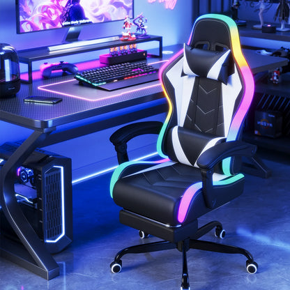 Devoko LED Gaming chair Multiple Light Effects Ergonomic with Footrest Headrest and Lordo Support Desk chair